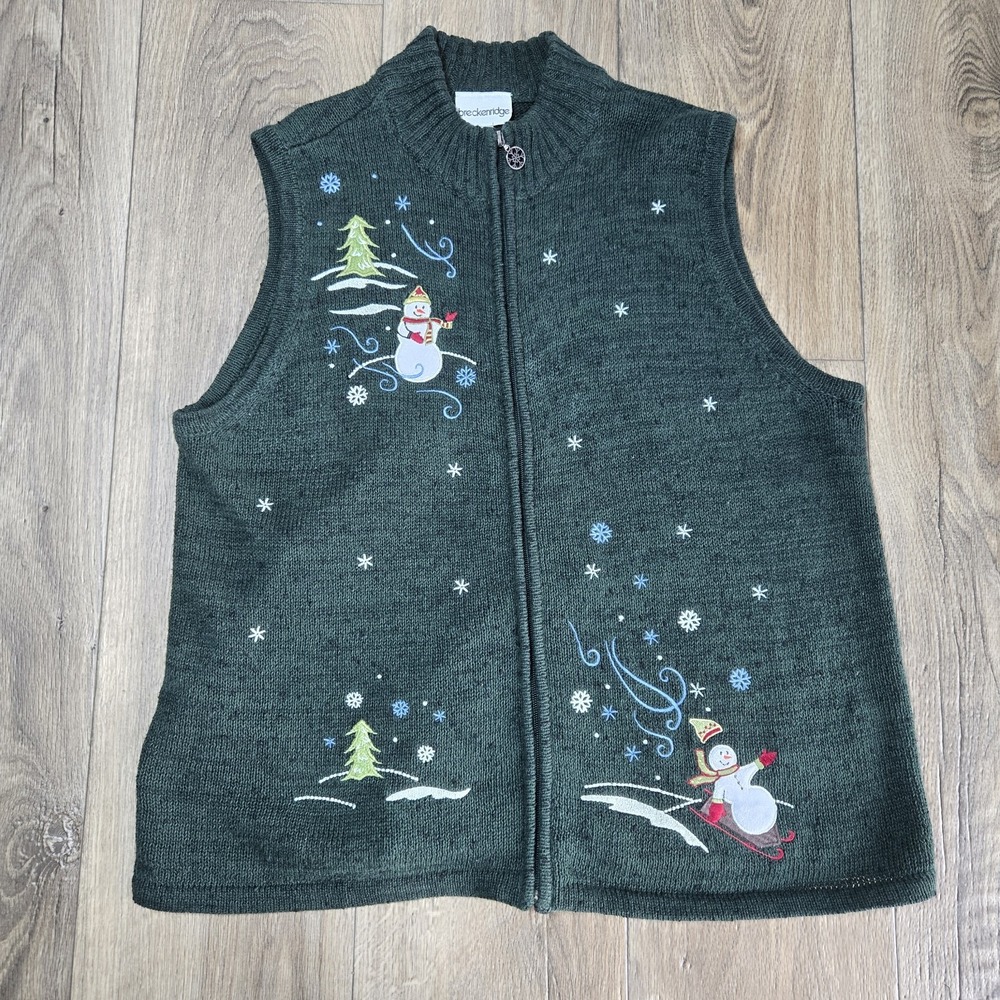 Breckenridge Size XL Zip Green‎ Sweater Vest Christmas Winter Snowman Knit
